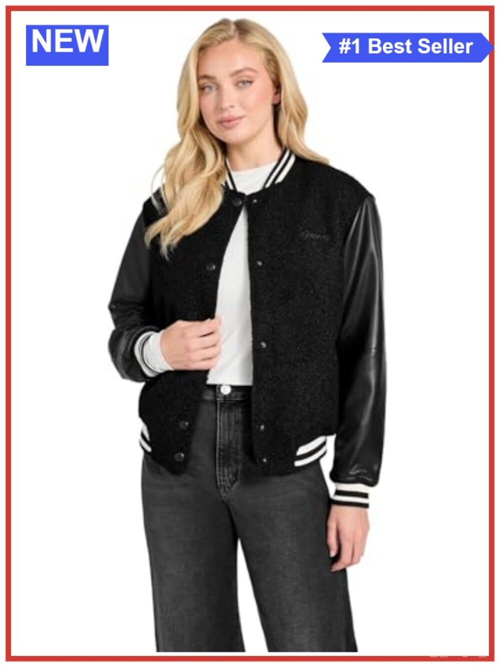 Boucle Varsity Bomber Jacket Snap Button Ribbed Trim Relaxed Fit